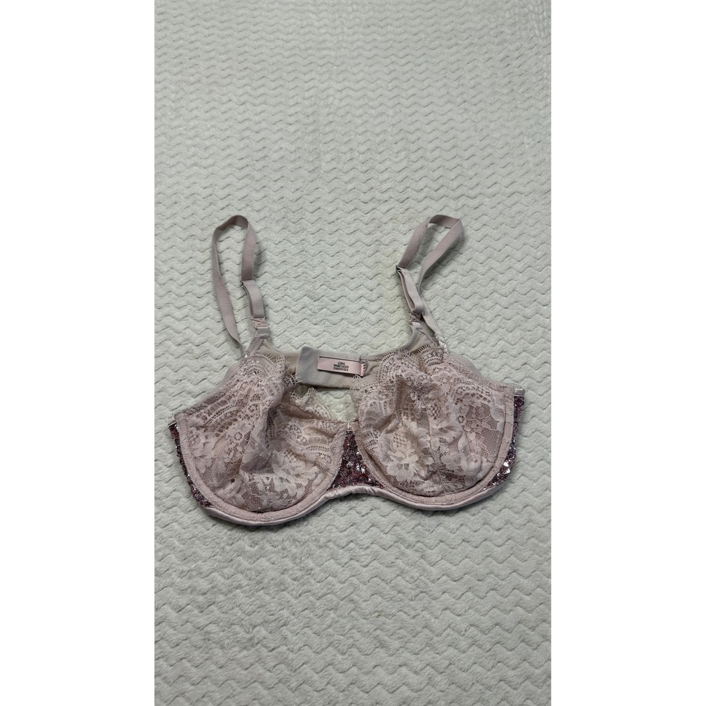 Victoria's Secret Pink Lace Sequin Unlined Underwire Bra Eyelash Trim 4917